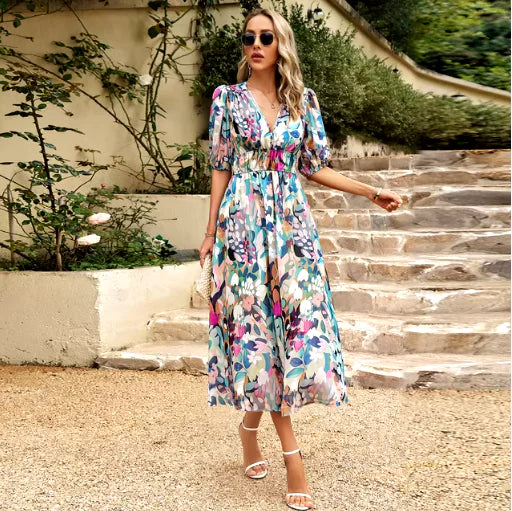 V-Neck Printed Beach Dress - Summer Vacation Maxi Dress