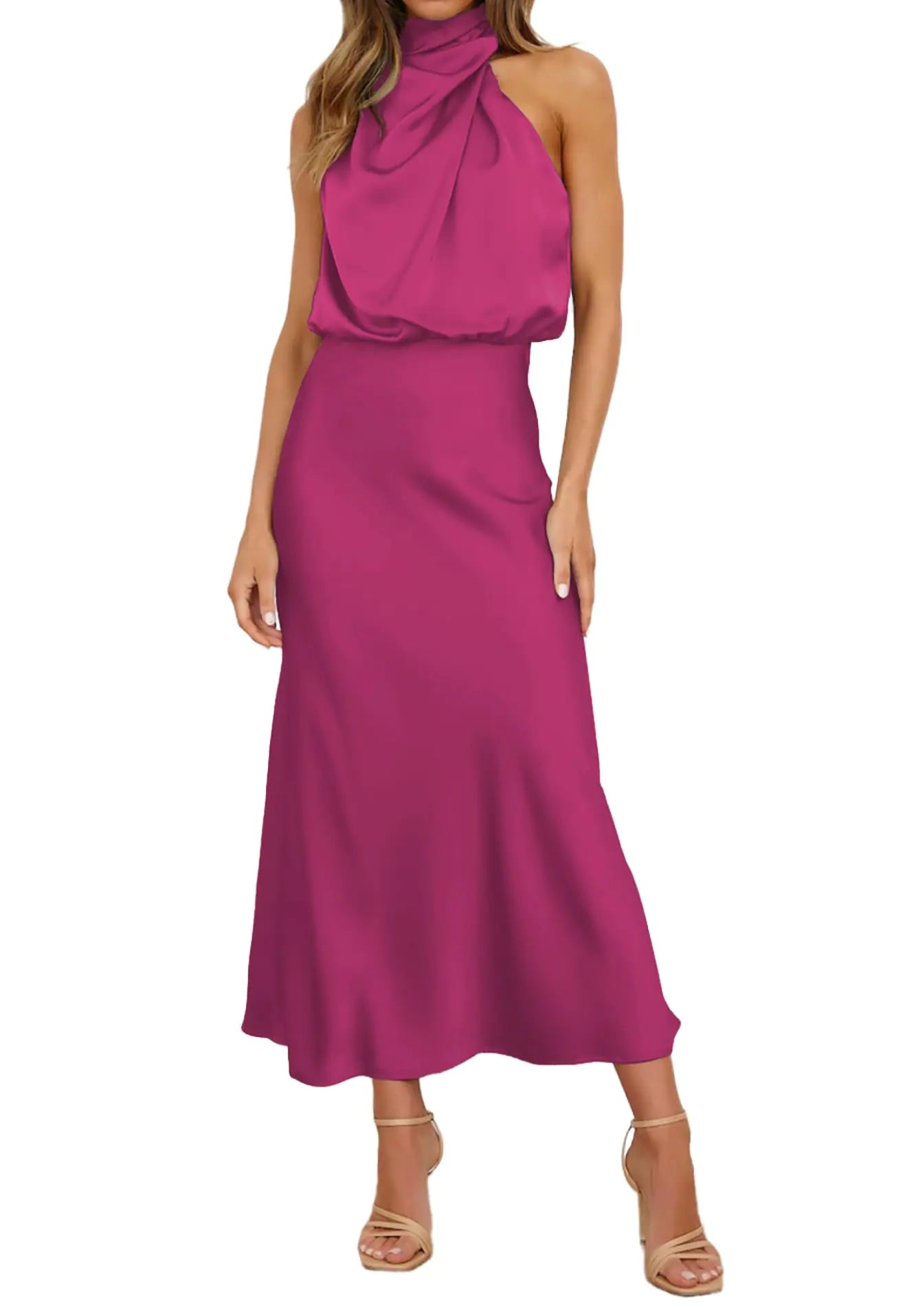 Elegant Satin Maxi Dress - Sleeveless High Neck Formal Dress