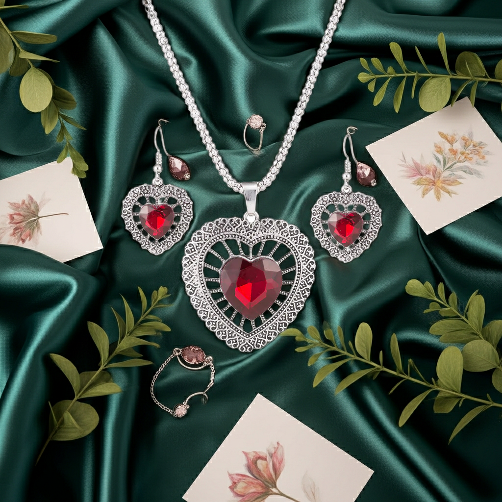Necklace and Earring Set - Heart and Crystal Design