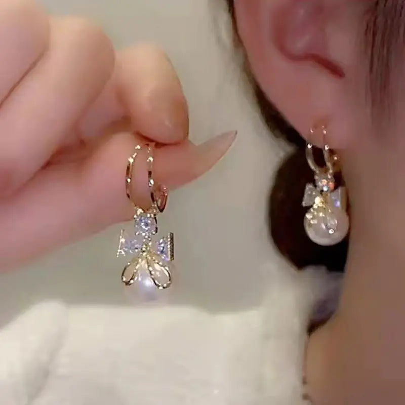 Luxury Diamond Pearl Bow Earrings - Women's Event Jewelry
