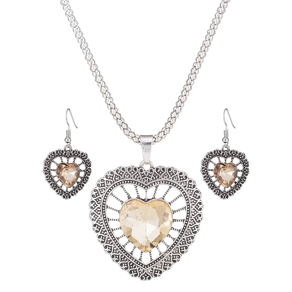 Necklace and Earring Set - Heart and Crystal Design