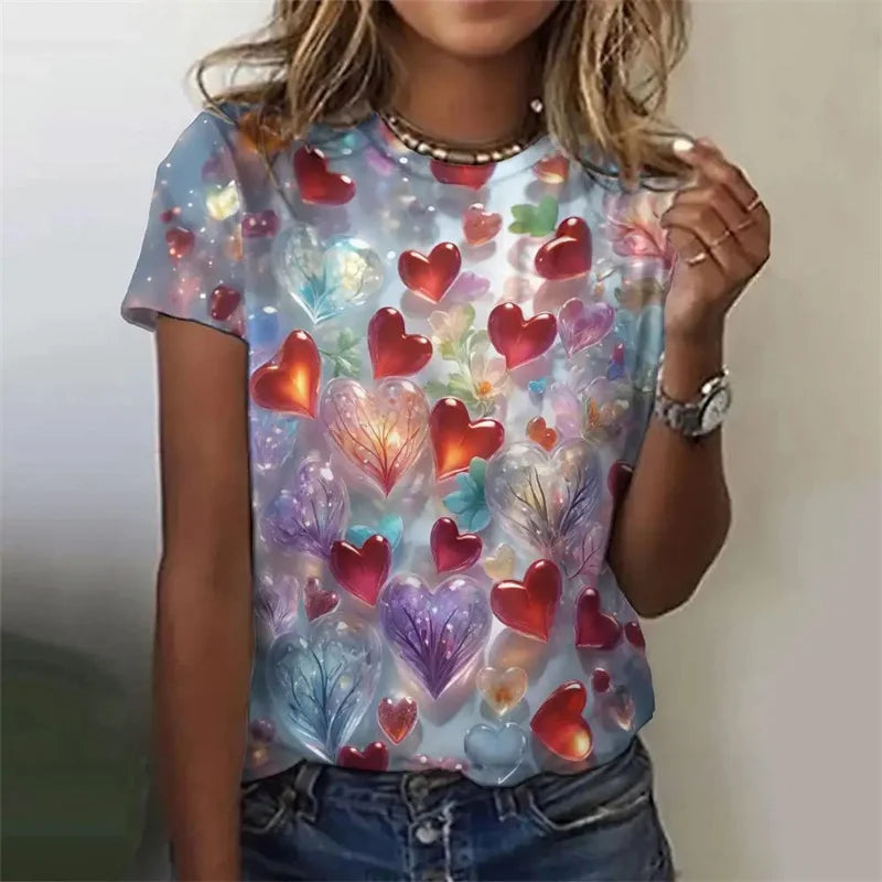 Love Heart Pattern T Shirt For Women Colorful 3D Printed Short Sleeves Tees Summer Casual Loose T-Shirts Streetwear O-Neck Tops
