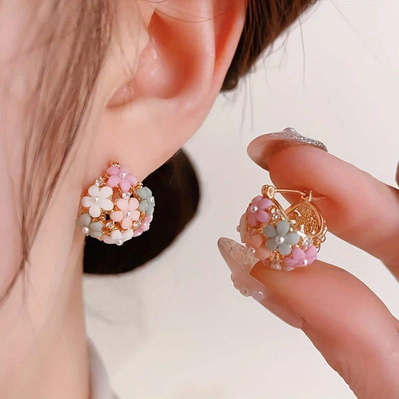 1 Pair Fashion Floral Hoop Earrings for Women Alloy with Resin Inlay Japanese Korean Style Suitable for Daily Wear and Weddings