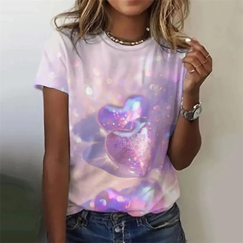 Love Heart Pattern T Shirt For Women Colorful 3D Printed Short Sleeves Tees Summer Casual Loose T-Shirts Streetwear O-Neck Tops