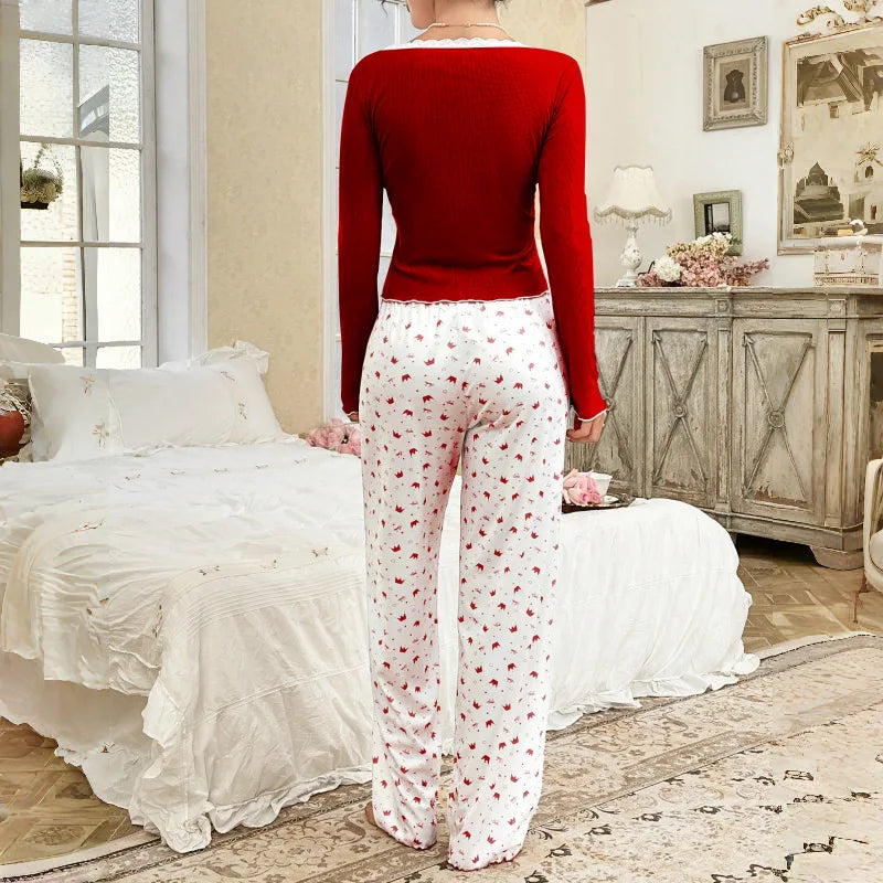Women Sleepwear  Long Sleeve T-shirt with Long Trouses Set Autumn Winter Pajamas Set Homewear Femme Loungewear