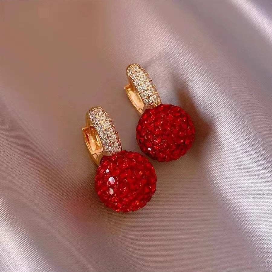 Luxury Red Cubic Zirconia Ball Dangle Earrings for Women Exquisite Golden Color U Shaped Crystal Drop Earring Party Jewelry