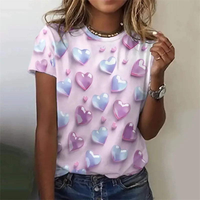 Love Heart Pattern T Shirt For Women Colorful 3D Printed Short Sleeves Tees Summer Casual Loose T-Shirts Streetwear O-Neck Tops