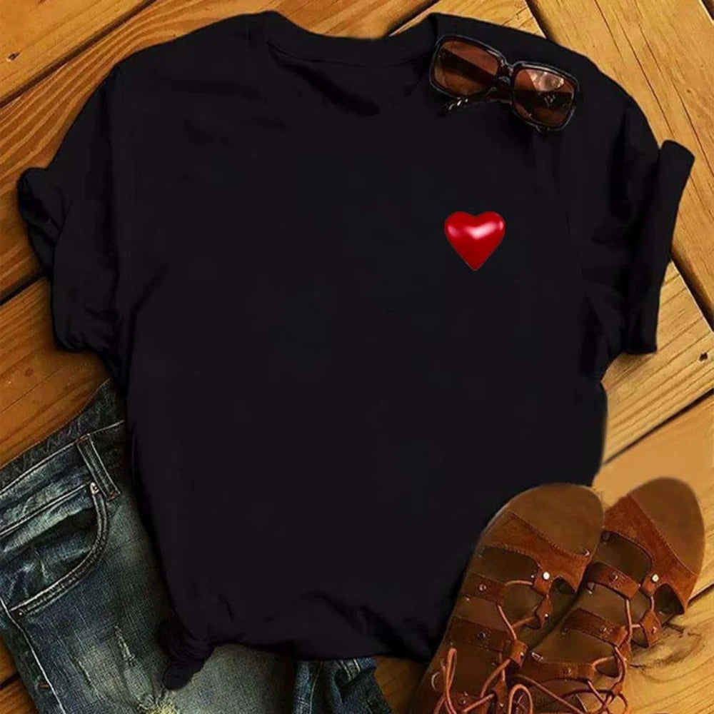 Love Heart Print T-Shirt - Women's Casual Graphic Tee Short Sleeve Streetwear