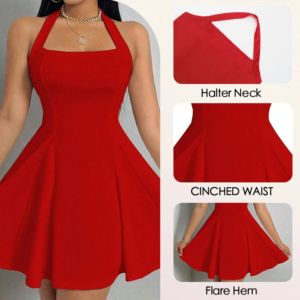 All Seasons Women's Dresses Fashion Halter Square Neck Pleated A-Line Mini Elegant Sexy Milkmaid Dress