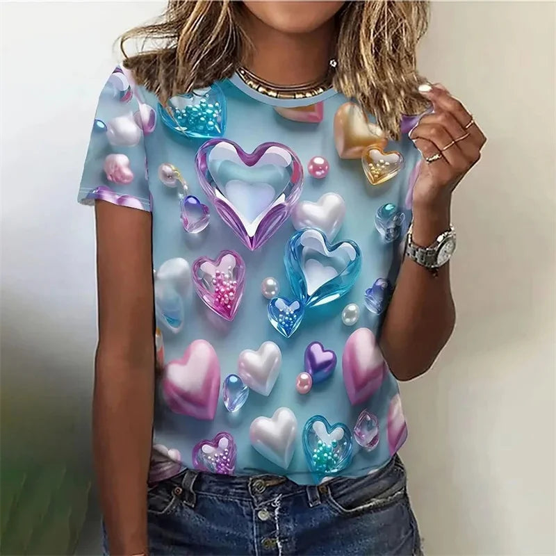 Love Heart Pattern T Shirt For Women Colorful 3D Printed Short Sleeves Tees Summer Casual Loose T-Shirts Streetwear O-Neck Tops