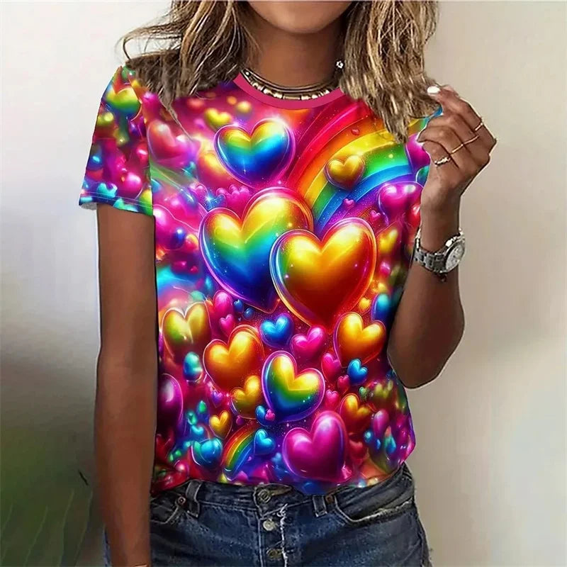 Love Heart Pattern T Shirt For Women Colorful 3D Printed Short Sleeves Tees Summer Casual Loose T-Shirts Streetwear O-Neck Tops