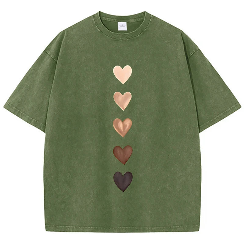 Love Heart Graffiti Printed Washed T-Shirt Womens Cotton Tops Comfortable Distressed O-Neck Streetwear Summer Womans Clothes
