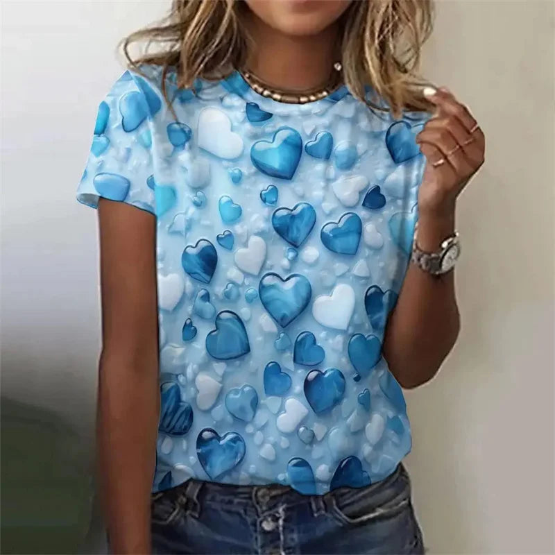Love Heart Pattern T Shirt For Women Colorful 3D Printed Short Sleeves Tees Summer Casual Loose T-Shirts Streetwear O-Neck Tops