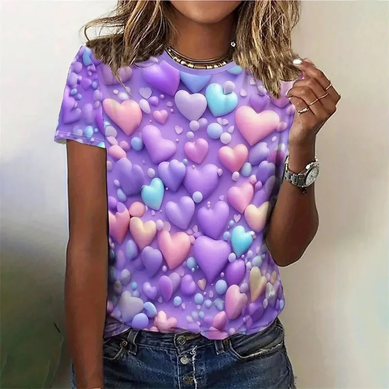 Love Heart Pattern T Shirt For Women Colorful 3D Printed Short Sleeves Tees Summer Casual Loose T-Shirts Streetwear O-Neck Tops