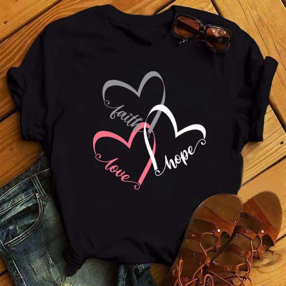 Love Heart Print T-Shirt - Women's Casual Graphic Tee Short Sleeve Streetwear