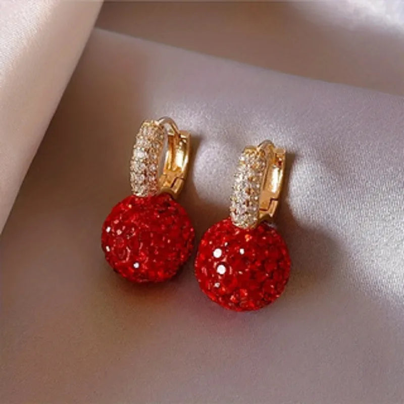Luxury Red Cubic Zirconia Ball Dangle Earrings for Women Exquisite Golden Color U Shaped Crystal Drop Earring Party Jewelry