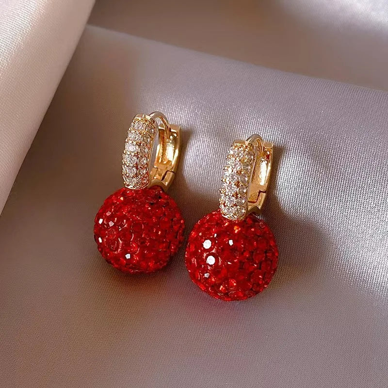 Luxury Red Cubic Zirconia Ball Dangle Earrings for Women Exquisite Golden Color U Shaped Crystal Drop Earring Party Jewelry
