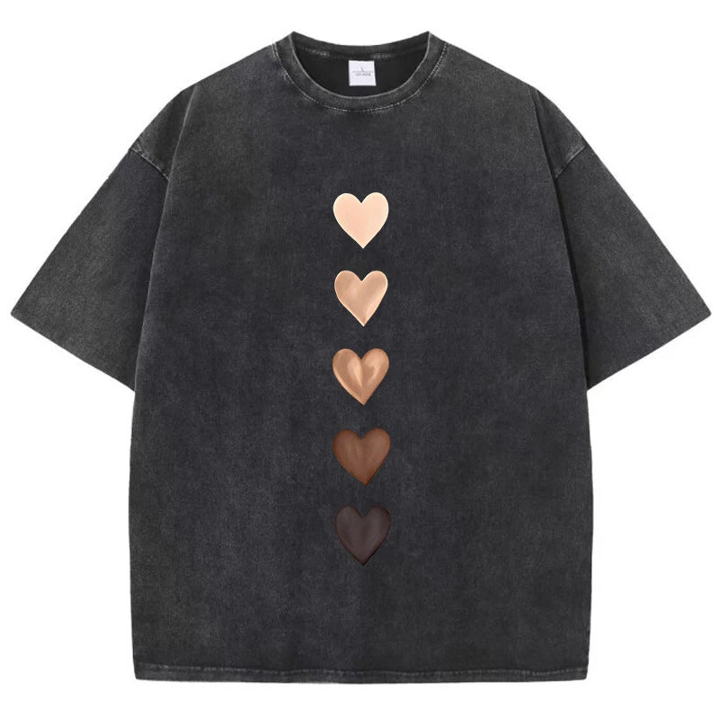 Love Heart Graffiti Printed Washed T-Shirt Womens Cotton Tops Comfortable Distressed O-Neck Streetwear Summer Womans Clothes