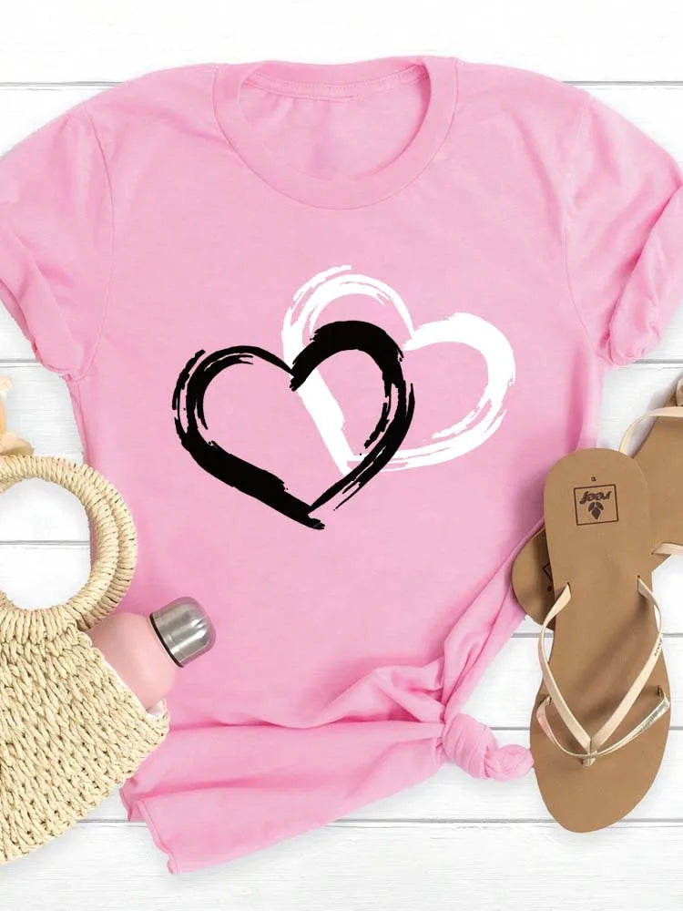 Fashion Love Heart Print Women T Shirt Casual Graphic Printed Clothes Female Shirt Short Sleeve Lady Streetwear Lover Tee