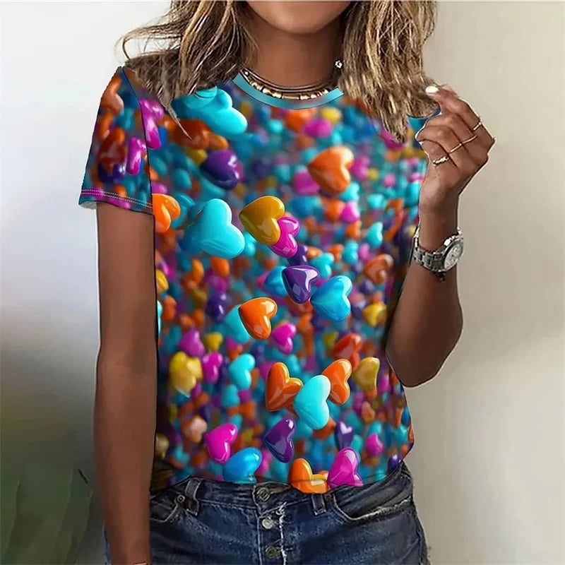 Love Heart Pattern T Shirt For Women Colorful 3D Printed Short Sleeves Tees Summer Casual Loose T-Shirts Streetwear O-Neck Tops
