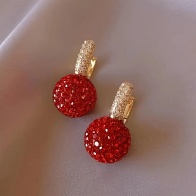 Luxury Red Cubic Zirconia Ball Dangle Earrings for Women Exquisite Golden Color U Shaped Crystal Drop Earring Party Jewelry