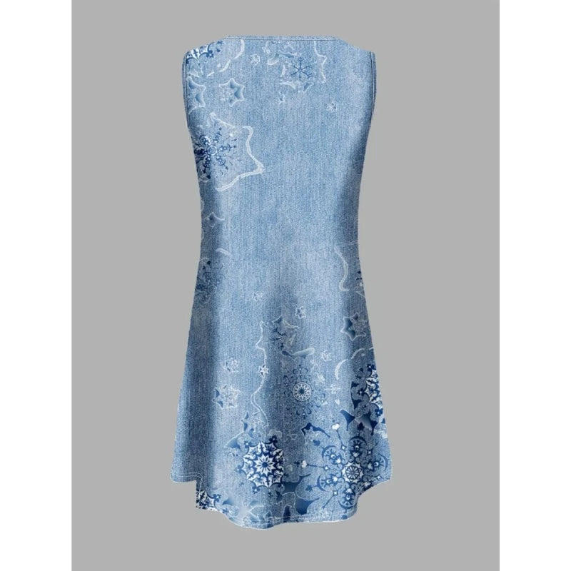 Summer New Fashionable Simple and Comfortable Women's Dress, Casual Loose Printed Short Sleeveless Dress