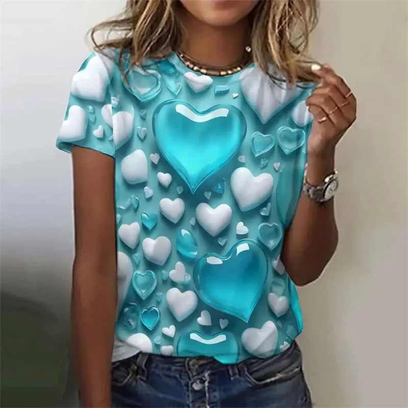 Love Heart Pattern T Shirt For Women Colorful 3D Printed Short Sleeves Tees Summer Casual Loose T-Shirts Streetwear O-Neck Tops