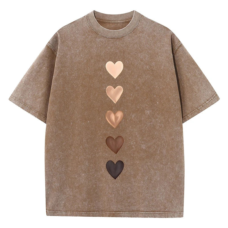 Love Heart Graffiti Printed Washed T-Shirt Womens Cotton Tops Comfortable Distressed O-Neck Streetwear Summer Womans Clothes