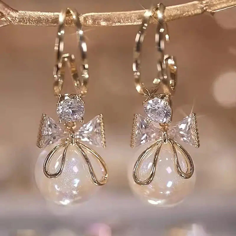 Luxury Diamond Pearl Bow Earrings - Women's Event Jewelry