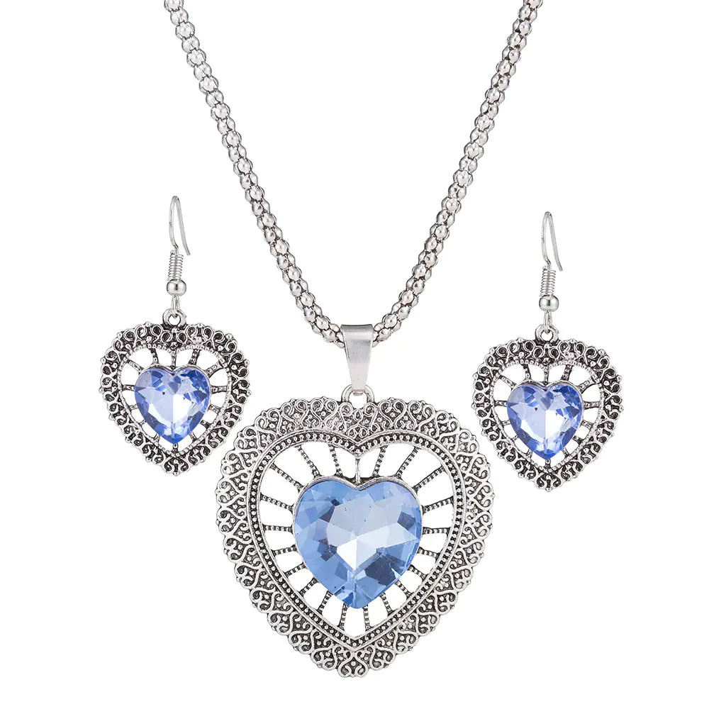 Necklace and Earring Set - Heart and Crystal Design