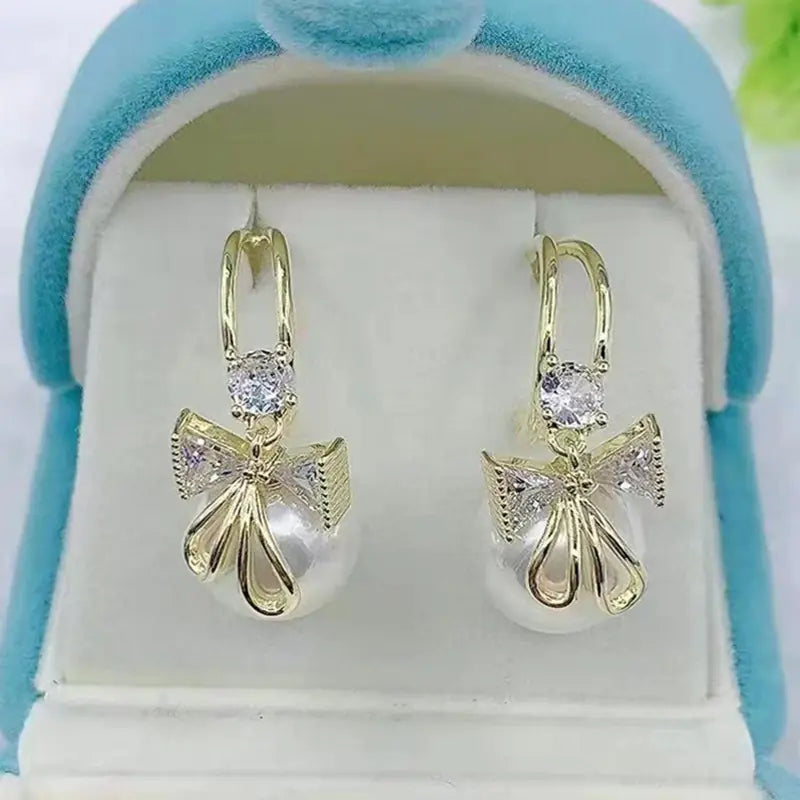Luxury Diamond Pearl Bow Earrings - Women's Event Jewelry