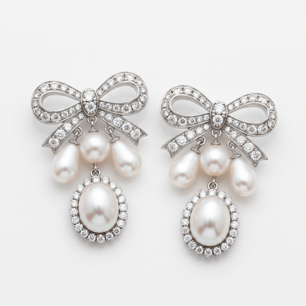 Luxury Diamond Pearl Bow Earrings