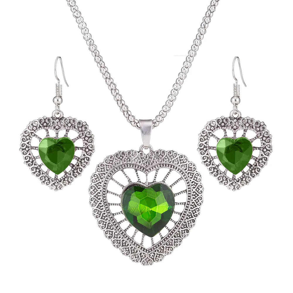Necklace and Earring Set - Heart and Crystal Design