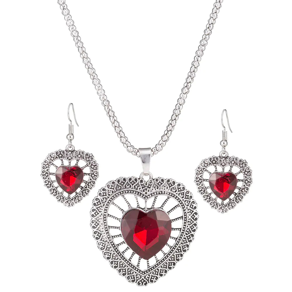 Necklace and Earring Set - Heart and Crystal Design